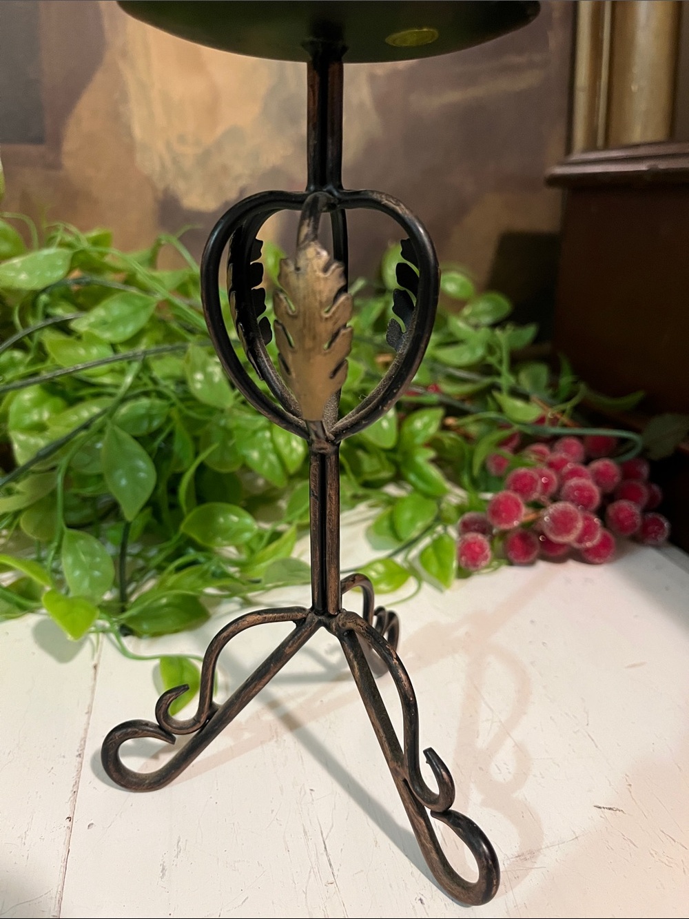 Candle Holder - Wrought Iron With Gold Leaf Trim - Ornate - Gold Accents - VTG